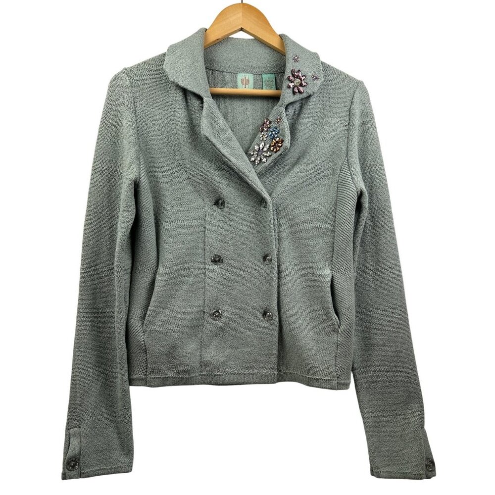 Anthropologie Hi-Line Embellished Knit‎ Cardigan Jacket Medium Sage Green Beaded